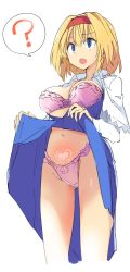 Rule 34 | 1girl, :o, ?, alice margatroid, blonde hair, blue dress, blue eyes, bra, breasts, breasts out, capelet, clothes lift, cowboy shot, dress, dress lift, hair between eyes, hairband, heart, heart tattoo, kamukamu (ars), large breasts, lifting own clothes, long sleeves, navel, open mouth, panties, pink bra, pink panties, pubic tattoo, red hairband, short hair, simple background, sketch, solo, spoken question mark, standing, stomach, strapless, strapless bra, tattoo, thighs, touhou, underwear, white background, white capelet, wing collar