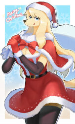 Rule 34 | 00niine, 1girl, animal ears, animal nose, belt, black thighhighs, blonde hair, blue background, blue eyes, blush, body fur, border, bow, bowtie, breasts, capelet, character cutout, christmas, cleavage, cowboy shot, dog ears, dog girl, dog tail, dress, drop shadow, elbow gloves, elizabelle (00niine), english text, female focus, fur-trimmed capelet, fur-trimmed dress, fur-trimmed gloves, fur-trimmed headwear, fur collar, fur trim, furry, furry female, gloves, hands up, happy, hat, highres, holding, holding sack, layered gloves, light blush, long hair, looking at viewer, medium breasts, merry christmas, open mouth, original, outline, outside border, own hands together, pom pom (clothes), red bow, red bowtie, red capelet, red dress, red gloves, red hat, sack, santa costume, santa hat, short dress, sidelocks, sideways mouth, smile, snout, snowflake background, solo, standing, tail, thighhighs, white border, white outline, yellow fur