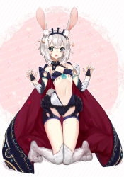 Rule 34 | 1girl, animal ears, blue eyes, breasts, rabbit ears, cape, cleavage, kneeling, looking at viewer, mins (minevi), navel, open mouth, original, short hair, small breasts, solo, white hair