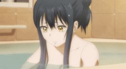 Rule 34 | 1girl, animated, animated gif, anime screenshot, bath, black hair, breasts, collarbone, convenient arm, convenient censoring, ghost, gradient hair, groin, hair between eyes, hair bun, hair censor, hair over breasts, hanging breasts, leaning forward, long hair, looking at viewer, lowres, medium breasts, mieruko-chan, multicolored hair, nude, open mouth, partially submerged, scared, sidelocks, single hair bun, stomach, tears, thighs, water, wet, yellow eyes, yotsuya miko