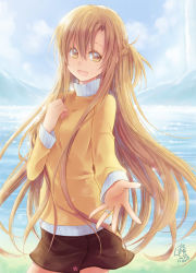Rule 34 | 10s, 1girl, :d, asuna (sao), brown eyes, brown hair, foreshortening, half updo, jewelry, long hair, open mouth, orange shirt, outstretched hand, reaching, ring, shirt, signature, skirt, smile, solo, sweater, sword art online, umi111