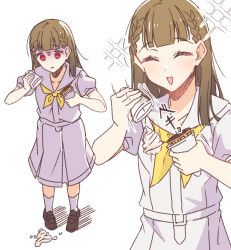 Rule 34 | 1girl, ^ ^, blunt bangs, blush, braid, brown footwear, brown hair, center-flap bangs, closed eyes, collarbone, commentary request, dress, failure, food, hasu no sora school uniform, highres, holding, holding ice cream cone, ice cream, ice cream cone, ice cream cone spill, kachimachi kosuzu, link! like! love live!, loafers, long hair, loose hair strand, love live!, medium dress, multiple views, natsumiya kuina, neckerchief, open mouth, pleated dress, red eyes, sailor collar, sailor dress, school uniform, shoes, short sleeves, side braids, sidelighting, simple background, smile, socks, sound effects, sparkle, standing, straight hair, summer uniform, turn pale, virtual youtuber, white background, white dress, white sailor collar, white socks, yellow neckerchief