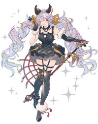 Rule 34 | 1girl, animal ears, anklet, armpit crease, bare shoulders, black dress, black gloves, black thighhighs, breasts, cleavage cutout, clothing cutout, covered mouth, detached collar, dress, elbow gloves, full body, garter straps, gloves, granblue fantasy, grey hair, hair ornament, high heels, highres, holding, holding microphone, index finger raised, jewelry, layered dress, long hair, looking at viewer, medium breasts, microphone, microphone stand, one eye closed, purple eyes, satyr (granblue fantasy), shimatani azu, short dress, single elbow glove, smile, solo, sparkle, star (symbol), thighhighs, twintails, white background