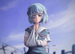 Rule 34 | 1girl, absurdres, ayanami rei, bandaged arm, bandages, blue hair, eyepatch, gainax, highres, kanpaithighs, looking at another, looking at viewer, neon genesis evangelion, red eyes, school uniform, self-upload, shirt, short hair, skirt, solo, tokyo-3 middle school uniform