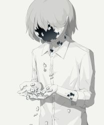 Rule 34 | 1boy, avogado6, collared shirt, colored skin, commentary request, grey hair, highres, holding, hole in face, hole in head, hole on body, long sleeves, male focus, original, puzzle piece, shirt, simple background, solo, white background, white shirt, white skin