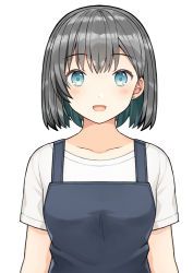 Rule 34 | 1girl, :d, apron, bad id, bad pixiv id, blue apron, blue eyes, blush, breasts, collarbone, commentary request, earrings, grey hair, jewelry, kurata rine, looking at viewer, open mouth, original, shirt, short hair, short sleeves, simple background, small breasts, smile, solo, stud earrings, upper body, white background, white shirt