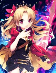 Rule 34 | 1girl, asymmetrical sleeves, black leotard, black nails, blonde hair, bow, cape, cowboy shot, detached sleeves, diadem, earrings, ereshkigal (fate), fate/grand order, fate (series), floating hair, gold trim, hair bow, highres, jewelry, kozue1120, leotard, long hair, looking at viewer, nail polish, open mouth, outstretched arm, red bow, red cape, red eyes, solo, standing, uneven sleeves