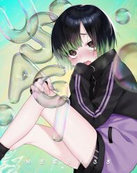 Rule 34 | 1girl, absurdres, black hair, blush, brown eyes, commentary request, crying, crying with eyes open, dancho (dancyo), green hair, high collar, highres, jacket, looking at viewer, multicolored hair, open mouth, original, short hair, shorts, sleeves past fingers, sleeves past wrists, solo, tears, track jacket, two-tone hair