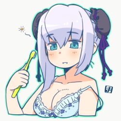Rule 34 | 1girl, blue hair, bra, breasts, bun cover, cleavage, collarbone, cropped torso, green outline, holding, holding toothbrush, looking at viewer, mawaru (mawaru), medium breasts, medium hair, original, outline, simple background, solo, toothbrush, underwear, upper body, white background, white bra
