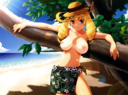 Rule 34 | 1girl, absurdres, against tree, beach, bikini, bikini tan, blonde hair, breasts, breasts apart, cloud, day, drill hair, floral print, hat, highres, ino (magloid), large breasts, leaf, lens flare, light rays, long hair, navel, nipples, ocean, oshioki sweetie, outdoors, outstretched arms, red eyes, sarong, shadow, shinmeiji rinn, shiny skin, sky, smile, solo, spread arms, sun, sun hat, sunbeam, sunlight, swimsuit, tan, tanline, topfreedom, topless, tree, twin drills, twintails, water