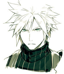 Rule 34 | 1boy, armor, bare shoulders, closed mouth, cloud strife, earrings, ears visible through hair, final fantasy, final fantasy vii, final fantasy vii remake, frown, green eyes, hair between eyes, highres, jewelry, kyo (kuroichigo), male focus, monochrome, pauldrons, portrait, shoulder armor, simple background, single pauldron, sketch, solo, spiked hair, turtleneck, upper body, white background