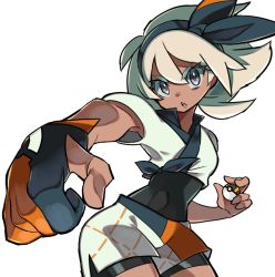 Rule 34 | 1girl, bea (pokemon), black bodysuit, black hairband, blonde hair, bodysuit, bodysuit under clothes, bow hairband, collared shirt, commentary, creatures (company), dark-skinned female, dark skin, eyelashes, game freak, gloves, grey eyes, gym leader, hair between eyes, hairband, highres, holding, holding poke ball, hyou (hyouga617), looking at viewer, nintendo, open mouth, partially fingerless gloves, perspective, poke ball, pokemon, pokemon swsh, print shorts, shirt, short hair, short sleeves, shorts, side slit, side slit shorts, simple background, single glove, solo, teeth, tongue, ultra ball, upper teeth only, white background