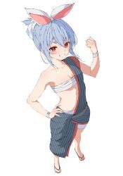Rule 34 | 1girl, absurdres, bare arms, blue hair, bow, breasts, cleavage, collarbone, full body, grey kimono, grin, hair between eyes, hair bow, hand on own hip, highres, hololive, japanese clothes, kimono, maccaron61, open clothes, open kimono, red eyes, sarashi, short hair, small breasts, smile, solo, standing, striped clothes, striped kimono, transparent background, usada pekora, virtual youtuber, white bow