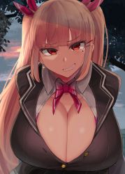 Rule 34 | 1girl, absurdres, amato mone (facominn), blonde hair, breasts, cleavage, facominn, grin, highres, huge breasts, long hair, looking at viewer, red eyes, smile, smiled, solo, upper body