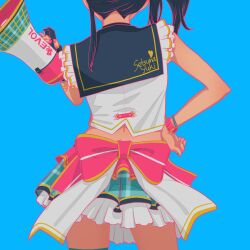 Rule 34 | 1girl, black hair, blue background, blue nails, bracelet, character name, commentary, english text, from behind, hand on own hip, head out of frame, highres, holding, holding megaphone, jewelry, like it! love it!, long hair, love live!, love live! nijigasaki high school idol club, megaphone, pink nails, ribbon, side ponytail, solo, upper body, ushio ochinashi, yuki setsuna (love live!)