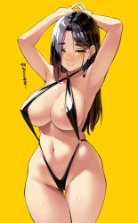 Rule 34 | 1girl, bare shoulders, black hair, blush, breasts, cleavage, collarbone, highres, kekemotsu, large breasts, long hair, looking at viewer, navel, original, slingshot swimsuit, solo, swimsuit, thighs, yellow background, yellow eyes