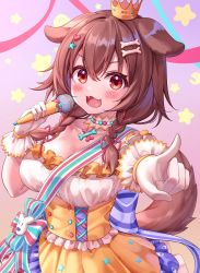 Rule 34 | 1girl, absurdres, alternate costume, animal ears, blush, bone hair ornament, braid, breasts, brown eyes, brown hair, choker, cleavage, crown, deaver, dog ears, dog girl, dog tail, fangs, gloves, hair ornament, highres, holding, holding microphone, hololive, inugami korone, inugami korone (saikyo tensai wonderful world of korone), looking at viewer, microphone, open mouth, solo, tail, twin braids, virtual youtuber, white choker, white gloves
