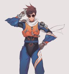 Rule 34 | 1girl, armor, bad id, bad twitter id, body armor, bodysuit, bracer, brown eyes, brown gloves, brown hair, closed mouth, cowboy shot, ear piercing, gloves, grey background, hand on own hip, highres, legs apart, looking at viewer, neosnim, official alternate costume, overwatch, overwatch 1, piercing, salute, scarf, short hair, shoulder pads, simple background, slipstream tracer, smile, solo, spiked hair, sunglasses, swept bangs, tracer (overwatch), turtleneck, two-finger salute, vambraces, zipper