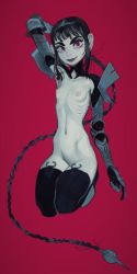Rule 34 | 1girl, absurdly long hair, arm behind head, black hair, black legwear, braid, breasts, full body, gauntlets, hand up, long hair, looking at viewer, mossacannibalis, navel, nipples, nude, original, pale skin, parted lips, red background, red eyes, ribs, shrug (clothing), simple background, skinny, small breasts, smile, solo, thighhighs, very long hair