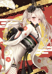 Rule 34 | 1girl, black flower, blush, breasts, closed mouth, feet out of frame, fishnets, floral print, flower, hair flower, hair ornament, highres, japanese clothes, kimono, long hair, looking at viewer, medium breasts, new year, obi, original, print kimono, red background, red eyes, sash, smile, solo, standing, white hair, white kimono, wide sleeves, yugirlpict