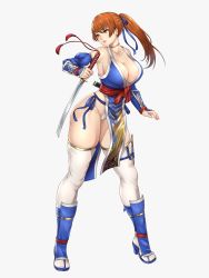 Rule 34 | 1girl, :d, arm guards, artist request, bent over, blush, breasts, brown eyes, brown hair, choker, cleavage, dead or alive, highres, holding, holding sheath, holding sword, holding weapon, kasumi (doa), kurone rinka, large breasts, leaning forward, long hair, looking at viewer, ninja, official art, open mouth, panties, pelvic curtain, ponytail, ribbon, sheath, shin guards, side-tie panties, slippers, smile, sword, thighhighs, thighs, underwear, weapon, white thighhighs, yellow ribbon