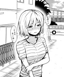 Rule 34 | 1girl, blush, breasts, bus, commentary request, greyscale, hashimoto kurara, house, medium breasts, medium hair, monochrome, motor vehicle, nervous, original, road, shirt, sky, solo, striped clothes, striped shirt, sweat, translation request, upper body