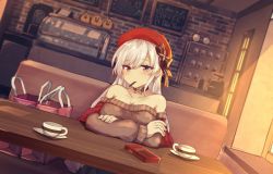 Rule 34 | 1girl, aran sweater, azur lane, belfast (azur lane), belfast (shopping with the head maid) (azur lane), bench, beret, blush, breasts, brown sweater, cable knit, choker, cleavage, collarbone, crossed arms, cup, dutch angle, earrings, food, hat, head tilt, hoop earrings, indoors, jewelry, large breasts, long hair, looking at viewer, mouth hold, off-shoulder sweater, off shoulder, pocky, pocky kiss, purple eyes, saucer, shared food, shinopoko, silver hair, sitting, smile, solo, sunset, sweater, table, teacup