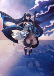 1girl absurdres bandaged_arm bandages black_gloves black_hair blue_hair bow_(music) breasts cello cleavage closed_eyes commission dress elbow_gloves fingerless_gloves gloves highres holding holding_bow_(music) holding_instrument holding_violin instrument long_hair mechabare music ocean pixiv_commission playing_instrument punishing:_gray_raven puyuyan selena:_capriccio_(pgr) selena_(pgr) solo very_long_hair violin white_dress