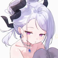 Rule 34 | 1girl, black horns, black thighhighs, blue archive, blush, chromatic aberration, collarbone, commentary, dangle earrings, demon horns, earrings, flat chest, grey hair, highres, hina (blue archive), hina (dress) (blue archive), horns, jewelry, long hair, looking at viewer, multiple horns, necklace, official alternate costume, official alternate hairstyle, parted lips, pendant, purple eyes, simple background, solo, thighhighs, white background, xsan