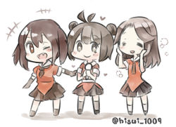 Rule 34 | +++, 10s, 3girls, ahoge, brown eyes, brown hair, chibi, double bun, closed eyes, fang, hands on own cheeks, hands on own face, hisui (kimochi), jintsuu (kancolle), kantai collection, multiple girls, naka (kancolle), one eye closed, school uniform, sendai (kancolle), short hair, smile, twitter username, white background