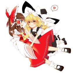 Rule 34 | 2girls, ascot, blonde hair, blouse, blush, bow, braid, breasts, brown eyes, brown hair, clenched hand, commentary, d:, detached sleeves, eye contact, flying, hair bow, hair tubes, hakurei reimu, hat, hat bow, heart, highres, holding hands, hug, kirisame marisa, large bow, long hair, long skirt, looking at another, mary janes, medium breasts, multiple girls, open mouth, sarashi, sash, shirt, shoes, side braid, single braid, skirt, skirt set, smile, socks, straight hair, surprised, touhou, turtleneck, vest, wavy hair, witch hat, yellow ascot, yellow eyes, yuri, yururi nano