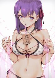 Rule 34 | 1girl, bikini, blush, breasts, bubble tea, bubble tea challenge, character name, criss-cross halter, duplicate, fate/stay night, fate (series), groin, hair ribbon, halterneck, hands up, haoni, highres, large breasts, long hair, looking at viewer, matou sakura, nail polish, navel, object on breast, open mouth, pink nails, purple eyes, purple hair, red ribbon, ribbon, shawl, side-tie bikini bottom, sidelocks, solo, stomach, swimsuit