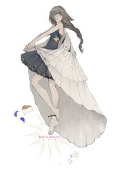 Rule 34 | 1girl, ankle garter, bare arms, bare shoulders, barefoot, braid, breasts, cape, cloak, commentary request, dress, feathers, full body, grey dress, grey hair, long hair, looking at viewer, low-tied long hair, nekosuke (oxo), off shoulder, original, parted lips, short dress, simple background, sleeveless, sleeveless dress, small breasts, solo, standing, white background, white cape