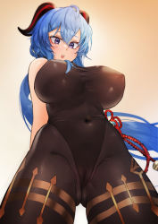 Rule 34 | 1girl, ahoge, bare shoulders, black legwear, blue hair, blush, bodystocking, bodysuit, breasts, cameltoe, cleft of venus, covered erect nipples, crotch, detached sleeves, eun bari, ganyu (genshin impact), genshin impact, gluteal fold, groin, highres, horns, large breasts, leotard, leotard under clothes, light blue hair, long hair, looking at viewer, parted lips, sidelocks, solo, standing, thighlet, thighs, very long hair, vision (genshin impact)