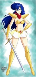 Rule 34 | 1girl, absurdres, armor, asou yuuko, bandana, bikini, bikini armor, blue eyes, blue hair, boots, breasts, cleavage, closed mouth, commentary, danmakuman, eyelashes, full body, gem, gold armor, hand on own hip, highres, holding, holding sword, holding weapon, knee boots, long hair, looking at viewer, medium breasts, midriff, miniskirt, mugen senshi valis, navel, red bandana, red scarf, scarf, shoulder pads, skirt, smile, solo, standing, stomach, swimsuit, sword, valis, video game, weapon, white skirt