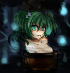 Rule 34 | 1girl, breasts, bucket, cleavage, collarbone, female focus, green eyes, green hair, hair bobbles, hair in own mouth, hair ornament, in bucket, in container, kisume, matching hair/eyes, nude, open mouth, short hair, solo, touhou, twintails, yamii