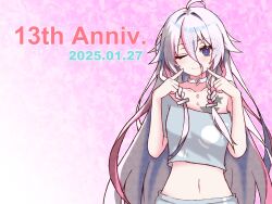 1girl absurdres anniversary blue_eyes braid choker closed_mouth collarbone cropped_shirt dated fingers_to_cheeks hair_between_eyes hands_up highres ia_(vocaloid) long_hair looking_at_viewer midriff navel noir_(noire6959) one_eye_closed side_braids smile solo upper_body very_long_hair vocaloid white_choker white_hair