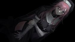 Rule 34 | 1girl, @ @, ahoge, bandaged arm, bandages, black background, black collar, black footwear, black thighhighs, collar, cross, grey eyes, highres, long hair, nun, original, parted lips, pink-haired nun (404notfound), pink hair, puffy sleeves, simple background, solo, thighhighs, youichi (45 01)