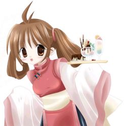 Rule 34 | 1girl, ahoge, blush, breasts, brown eyes, brown hair, chinese clothes, food, hair rings, holding, ice cream, long sleeves, looking at viewer, open mouth, sash, side slit, simple background, sleeves past wrists, smile, solo, tray, twintails, waitress, white background, wide sleeves