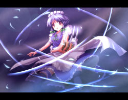 Rule 34 | 1girl, between fingers, braid, embodiment of scarlet devil, female focus, gradient background, holding, holding knife, izayoi sakuya, knife, knives between fingers, letterboxed, maid, maid headdress, red eyes, ryosios, short hair, silver hair, solo, throwing knife, touhou, twin braids, weapon