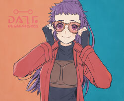 Rule 34 | 1girl, arc the lad, closed mouth, fingerless gloves, finia, gloves, highres, iro saki, jacket, jewelry, long hair, long sleeves, looking at viewer, ponytail, purple eyes, purple hair, smile, solo, standing, sunglasses