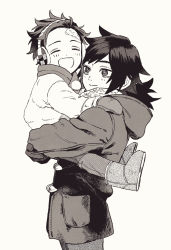 Rule 34 | 2boys, :d, ^ ^, aged down, ankle boots, boots, carrying, child, closed eyes, contemporary, cowboy shot, earmuffs, facing viewer, from side, gloves, hand on another&#039;s shoulder, hood, hooded coat, kamado tanjirou, kimetsu no yaiba, komisashi, long hair, long sleeves, looking afar, male focus, monochrome, multiple boys, open mouth, pants, pocket, scar, scar on face, scar on forehead, scarf, short hair, simple background, smile, swept bangs, toggles, tomioka giyuu, winter clothes