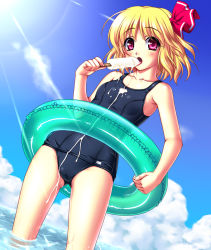 Rule 34 | 1girl, blonde hair, bow, cloud, collarbone, day, dripping, dutch angle, embodiment of scarlet devil, female focus, hair bow, innertube, lens flare, licking, looking at viewer, nonbei, one-piece swimsuit, open mouth, red eyes, rumia, school swimsuit, sexually suggestive, short hair, sky, solo, standing, swim ring, swimsuit, tongue, touhou, wading, water