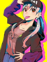 Rule 34 | 1girl, bad id, bad twitter id, baseball cap, black hat, breasts, candy, cleavage, clothes writing, food, hand on own hip, hat, hood, hooded vest, hoodie, jacket, long sleeves, looking at viewer, mathematics, monogatari (series), oikura sodachi, owarimonogatari, red eyes, shirt, silver hair, solo, vest, yellow background, yellow eyes