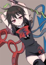 Rule 34 | 1girl, arms up, asymmetrical wings, beige background, black dress, black hair, black thighhighs, blue wings, bow, bowtie, cowboy shot, dress, highres, houjuu nue, looking at viewer, red bow, red bowtie, red eyes, red wings, short dress, simple background, snake, solo, takahashi kouta, thighhighs, touhou, wings, wristband, zettai ryouiki