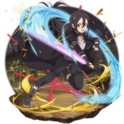 Rule 34 | 1boy, androgynous, armor, beam saber, black eyes, black footwear, black gloves, black hair, black jacket, black pants, breastplate, butler, faux figurine, fingerless gloves, floating hair, full body, gloves, hair between eyes, highres, holding, holding sword, holding weapon, jacket, kirito, kirito (sao-ggo), long hair, long sleeves, looking at viewer, male focus, official art, open mouth, pants, solo, sword, sword art online, transparent background, trap, very long hair, waist cape, weapon
