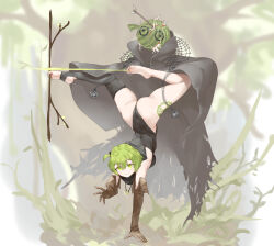 Rule 34 | 1girl, absurdres, arrow (projectile), ass, barefoot, blush, brown gloves, closed mouth, elbow gloves, food, fruit, full body, gloves, green eyes, green hair, handstand, highres, holding, holding stick, hood, jewelry, leaf, leotard, looking at viewer, melon, necklace, net, one arm handstand, original, oshin0 (zheng), reaching, reaching towards viewer, ring, short hair, single thighhigh, smile, soles, solo, stick, tattoo, thighhighs, thighs, thong leotard