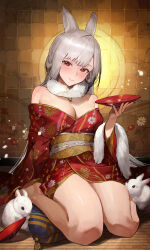 Rule 34 | 1girl, absurdres, alcohol, animal, animal ears, bare legs, barefoot, blush, breasts, chinese zodiac, cleavage, closed mouth, cup, floral print, fur collar, grey hair, highres, holding, holding cup, japanese clothes, kimono, kimono pull, long hair, long sleeves, looking at viewer, medium breasts, obi, rabbit, rabbit ears, red eyes, red kimono, sakazuki, sake, sash, sitting, smile, solo, sooon, very long hair, wariza, wide sleeves, year of the rabbit