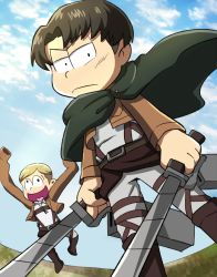 Rule 34 | 10s, 2boys, :d, arms up, bad id, bad pixiv id, belt, black eyes, black hair, blonde hair, blue sky, boots, brothers, brown hair, cape, cloak, closed mouth, cloud, cosplay, cropped jacket, day, dual wielding, erwin smith, erwin smith (cosplay), frown, grass, heart, heart in mouth, holding, holding weapon, jacket, jumping, kamiya hiroshi, legs apart, levi (shingeki no kyojin), levi (shingeki no kyojin) (cosplay), looking at viewer, male focus, matsuno choromatsu, matsuno jyushimatsu, multiple boys, ono daisuke, open mouth, osomatsu-kun, osomatsu-san, osomatsu (series), outdoors, parted bangs, riko (sorube), shingeki no kyojin, siblings, sky, sleeves past wrists, smile, standing, sword, thigh strap, three-dimensional maneuver gear, voice actor connection, wall-eyed, weapon