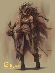 Rule 34 | 1girl, absurdres, barbarian, blood drip, bodypaint, braid, brown hair, commentary, fantasy, full body, headdress, highres, holding, holding sword, holding weapon, horns, long hair, nishi, original, severed head, simple background, solo, sword, weapon
